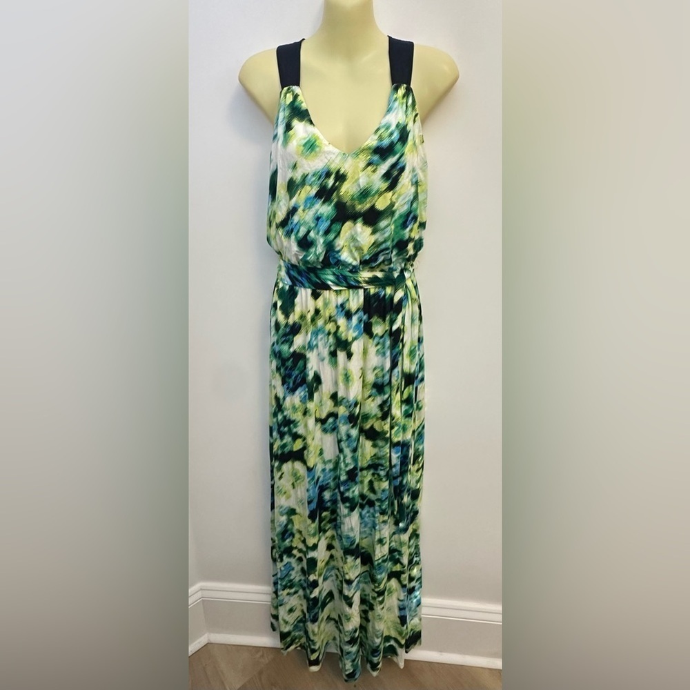 Express V-neck Green and Blue TieDye Maxi Dress with Cloth Belt size S